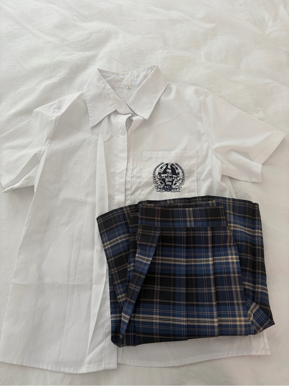 School Uniform Set - White Short Sleeve Shirt with Navy Plaid Skirt